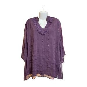 Maggie Barnes Women's Purple Embellished V-Neck Lace Sequined Blouse SZ 3X 26/28
